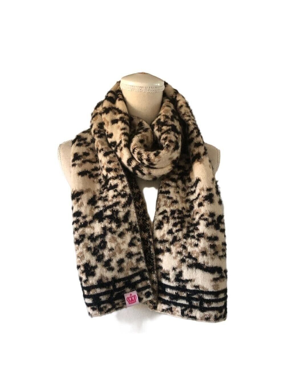 Juicy Couture Animal Print Scarf in Black and Tan sweater knit 72” x 11”